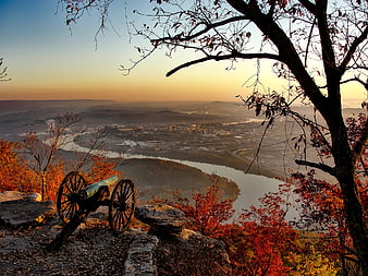Historic Civil War Cannon Overlooking Chattanooga River at Autumn Sunset