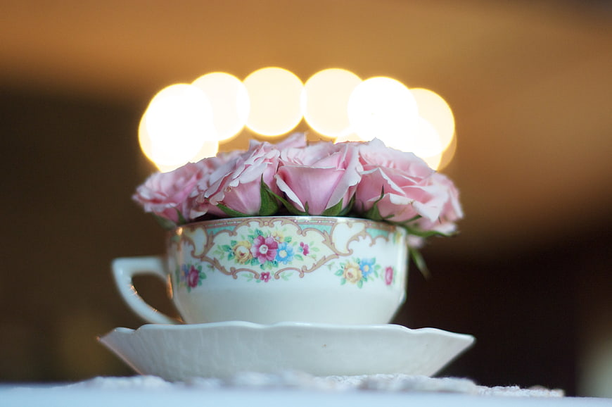 Vintage Floral Teacup Filled With Pink Roses And Bokeh Lights