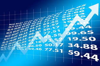 Blue financial growth chart with rising arrow and data numbers