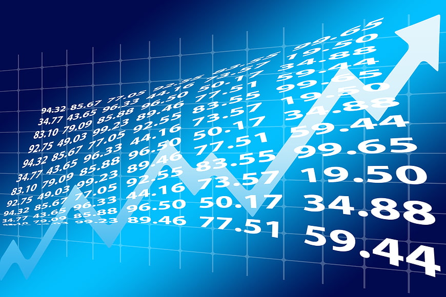 Blue financial growth chart with rising arrow and data numbers