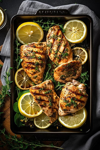 Grilled Lemon Herb Chicken Breasts on a Rustic Tray