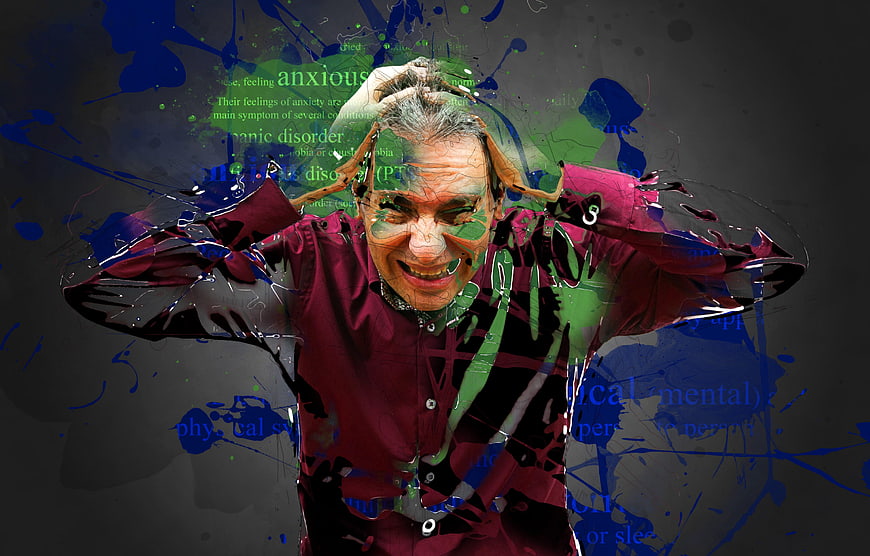 Distressed man holding head with anxiety text overlay