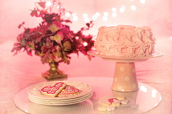 Pink Valentine's Day Cake and Heart Cookies Celebration