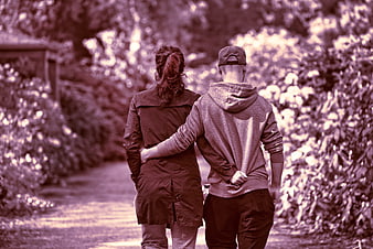 Couple Walking Away in Park with Purple Filter