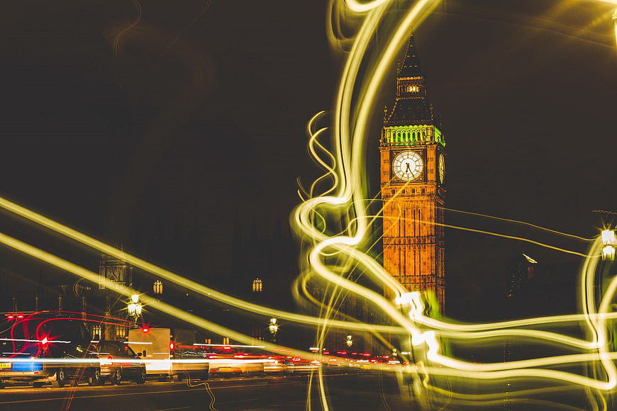 Big Ben Night Lights with Long Exposure Traffic Trails