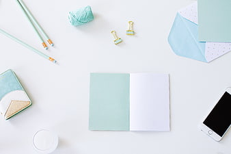 Pastel Mint Flat Lay Workspace with Notebook and Stationery