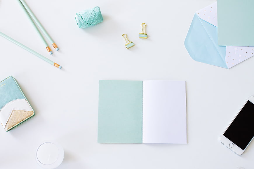 Pastel Mint Flat Lay Workspace with Notebook and Stationery