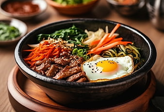 Close-up of Traditional Korean Bibimbap in Stone Bowl