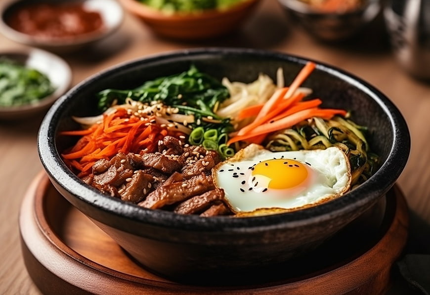 Close-up of Traditional Korean Bibimbap in Stone Bowl