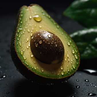 Fresh Halved Avocado with Water Droplets on Dark Background