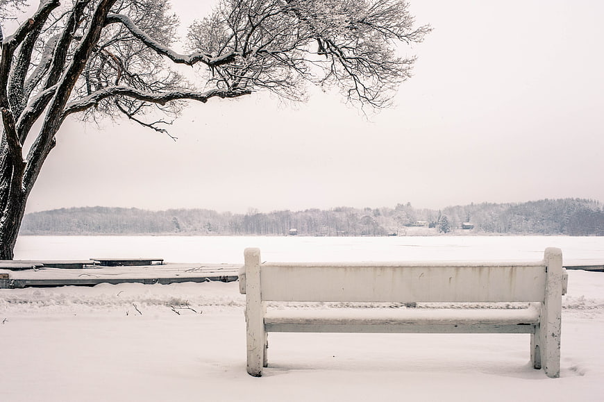 Lonely white bench in snowy winter landscape by frozen lake