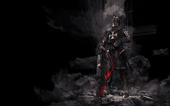 Dark Medieval Knight Templar with Glowing Red Sword in Smoke