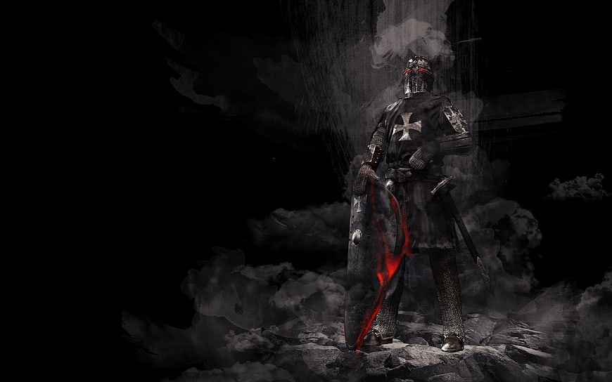 Dark Medieval Knight Templar with Glowing Red Sword in Smoke