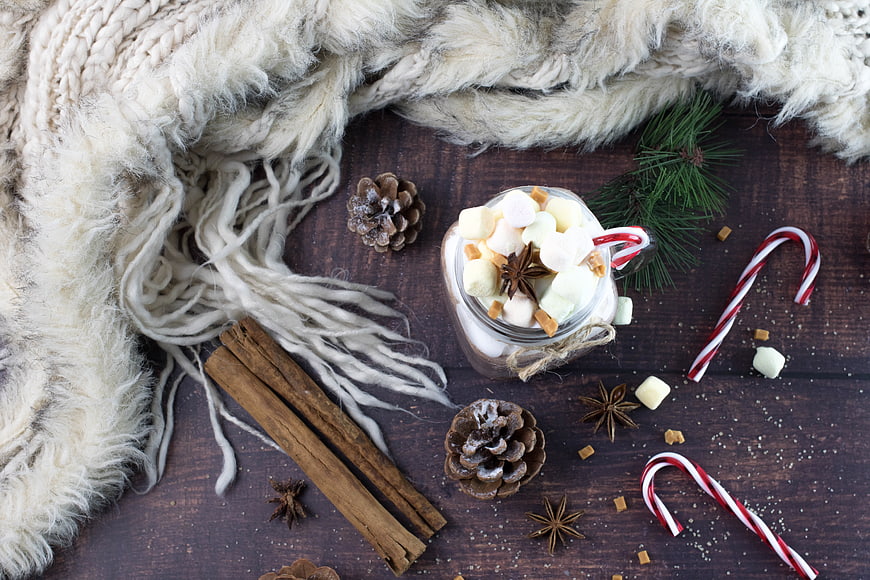 Cozy Hot Chocolate Flat Lay with Marshmallows and Candy Canes