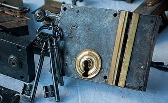 Vintage Antique Iron Lock And Skeleton Keys On White Cloth
