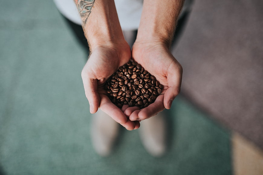 Hands holding roasted coffee beans from above