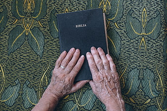 Elderly Hands Holding Black Bible on Patterned Fabric