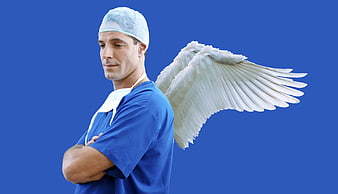 Male Doctor with Angel Wings on Blue Background