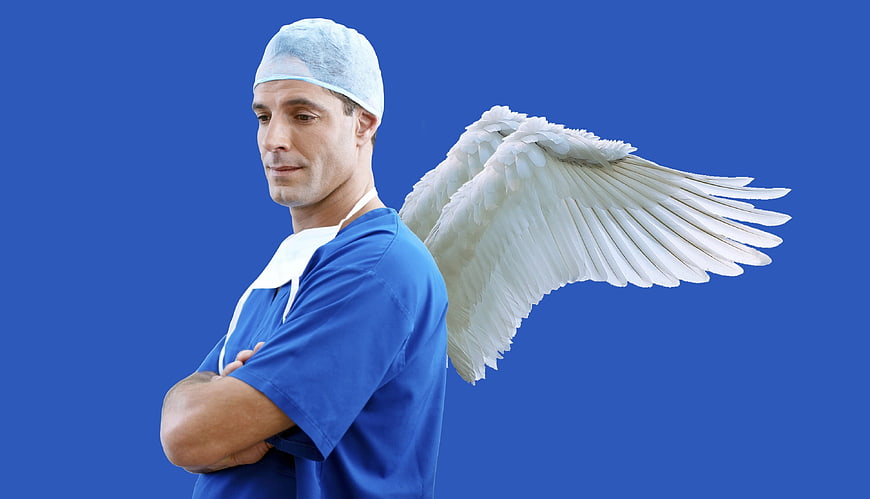 Male Doctor with Angel Wings on Blue Background