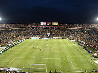 Wide Night View of Soccer Stadium with Full Crowd