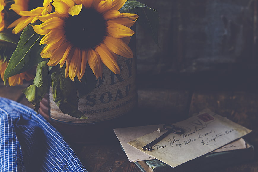 Rustic Sunflowers in Vintage Tin with Old Letters and Key