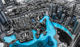Aerial View of Dubai Downtown and Burj Khalifa Lake