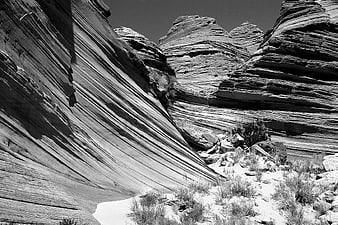 Black and White Desert Rock Formations with Striated Layers