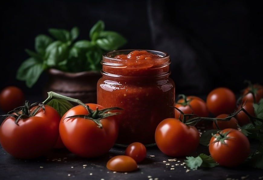 Homemade Tomato Sauce in Glass Jar with Fresh Tomatoes