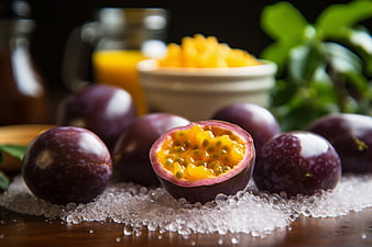 Fresh Passion Fruit with Sugar and Tropical Background
