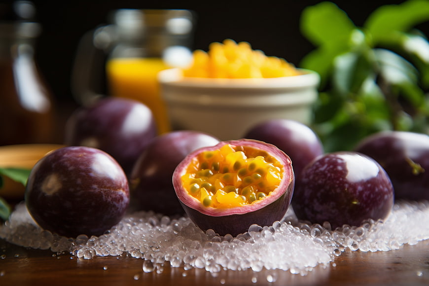 Fresh Passion Fruit with Sugar and Tropical Background