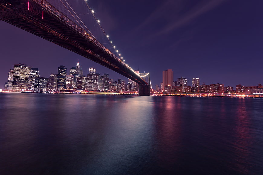Brooklyn Bridge Night Skyline View Over Water