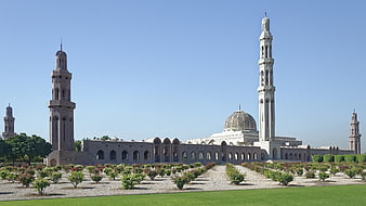 Sultan Qaboos Grand Mosque in Muscat, Oman with Minarets and Gardens