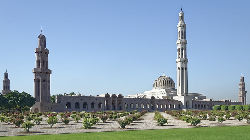 Sultan Qaboos Grand Mosque in Muscat, Oman with Minarets and Gardens