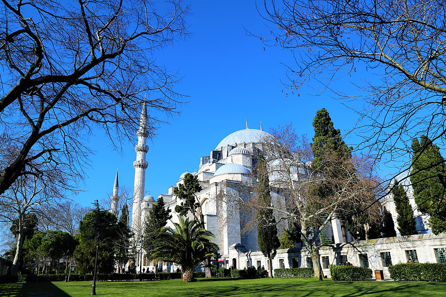 Süleymaniye Mosque in Istanbul with Blue Sky and Trees