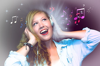 Happy woman listening to music with headphones and notes