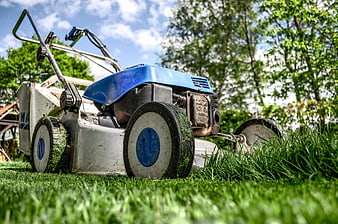 Blue Lawn Mower on Green Grass in Garden
