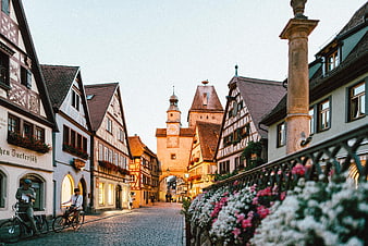 Cobblestone Street in Rothenburg ob der Tauber with Half-Timbered Houses