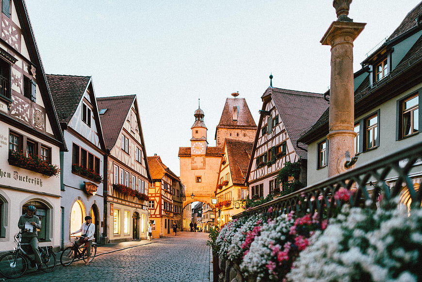 Cobblestone Street in Rothenburg ob der Tauber with Half-Timbered Houses