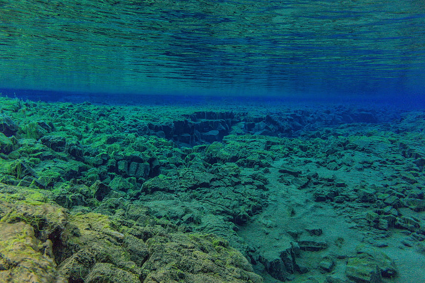 Underwater View of Rocky Seabed and Water Surface