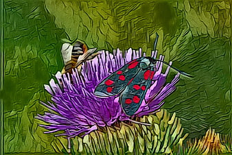 Artistic painting of insects on a purple thistle flower