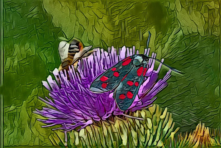 Artistic painting of insects on a purple thistle flower