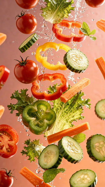 Fresh Sliced Vegetables Splashing in Water