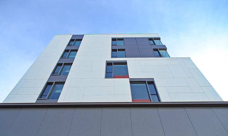 Modern Building Facade with Geometric Windows