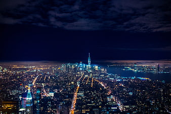 Aerial Night View of Manhattan Skyline with One World Trade Center