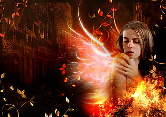 Fantasy woman with glowing fire wings and autumn leaves