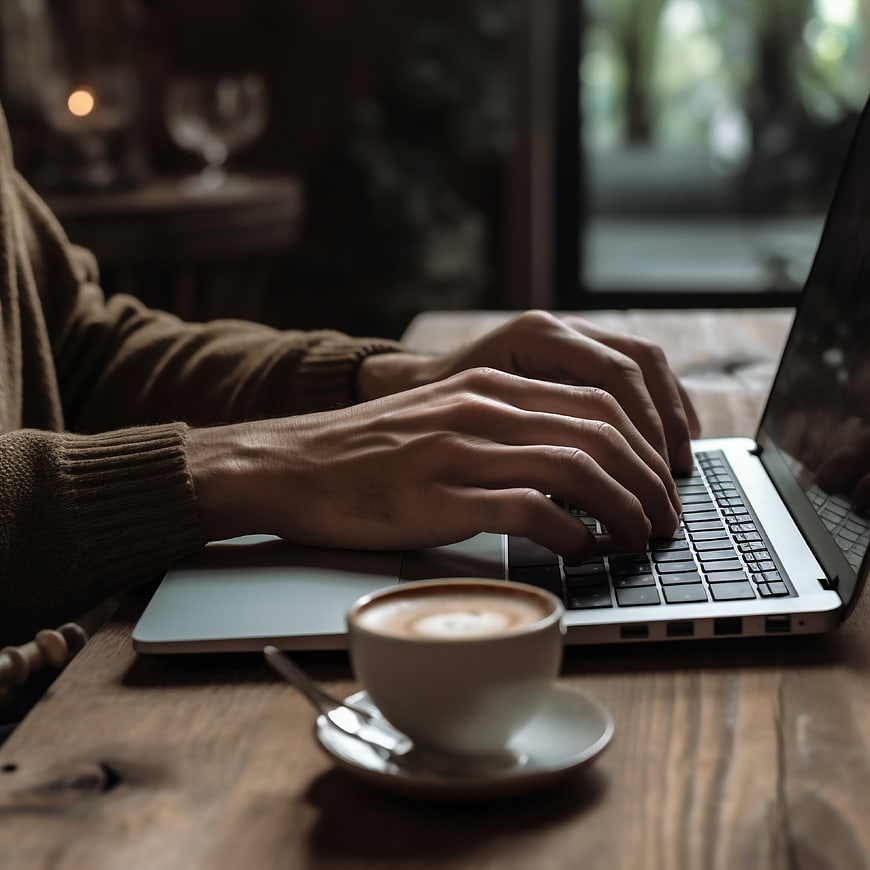 Hands typing on laptop with coffee cup on wooden table
