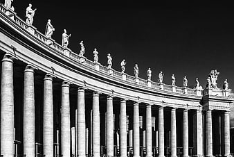 Black and white St. Peter's Square colonnade architecture