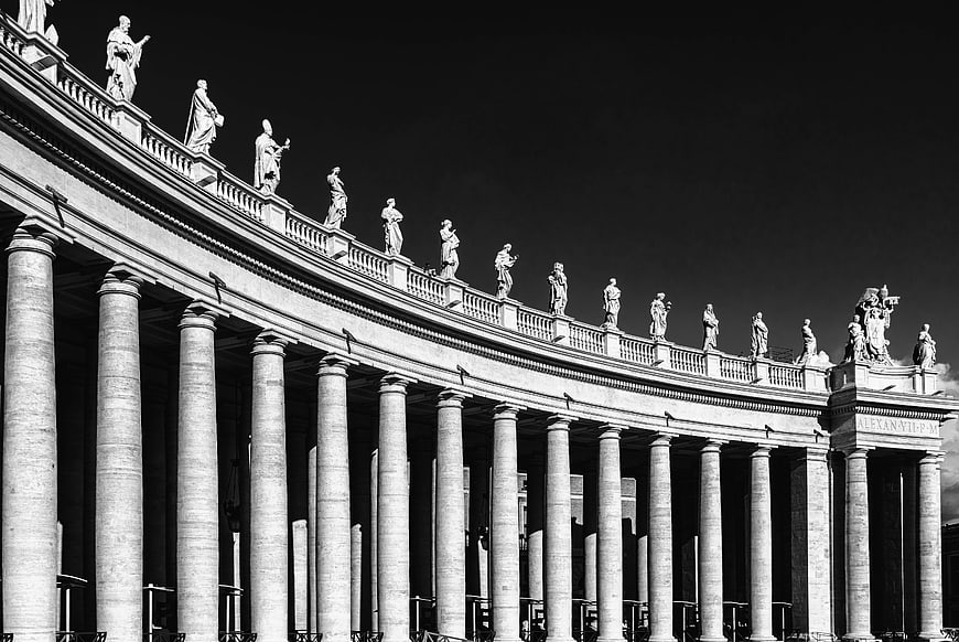 Black and white St. Peter's Square colonnade architecture