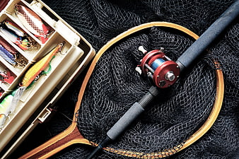 Fishing gear with rod, reel, net, and tackle box