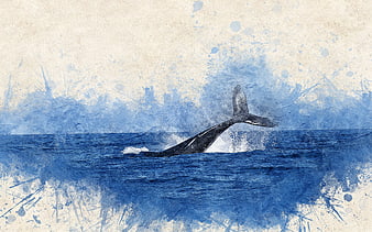 Artistic watercolor illustration of a whale diving into the ocean